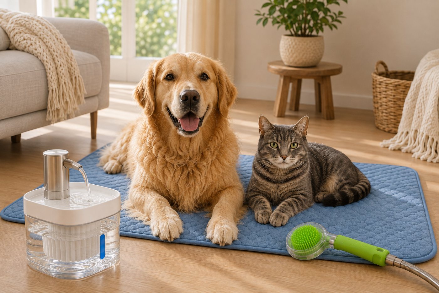 Golden retriever and cat relaxing calmly together